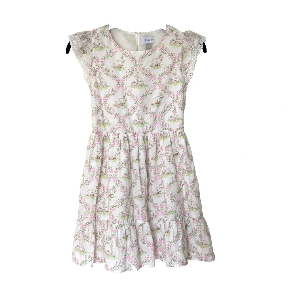 PLACE Girls Bunny Animal Print Fit & Flare Dress White Pink Green Size 10/12